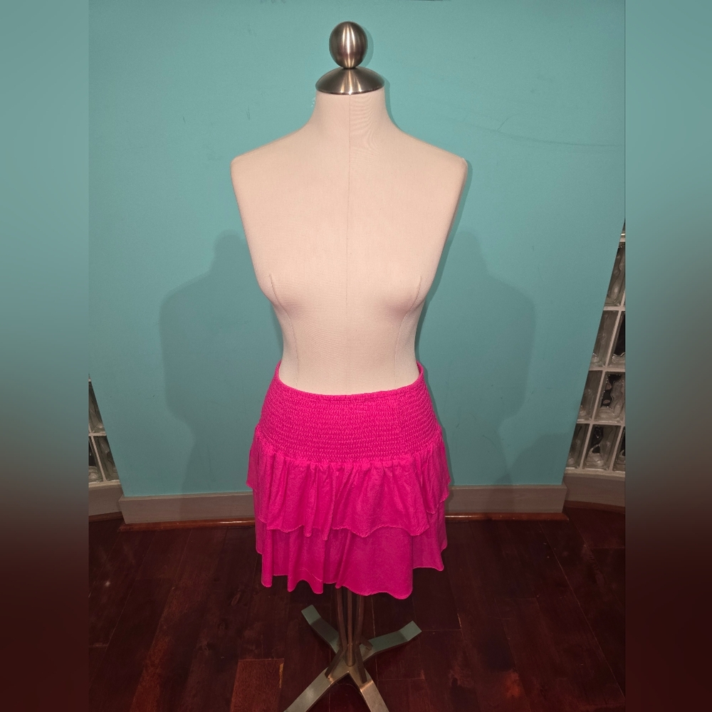 AQUA Hot Pink Linen Smocked Waist Ruffle Skirt Size Large NWT
